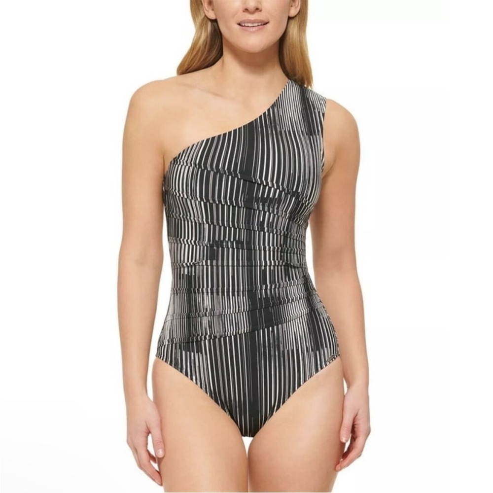 Calvin Klein BLACK MULTI One-Shoulder Starburst One-Piece